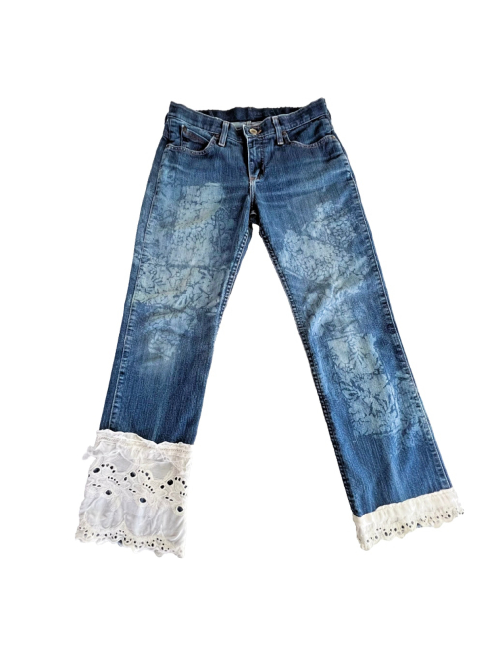 Upcycled One Of A Kind Bleahed Patchwork Jeans Wrangler Size 5/6 32 Boho Western